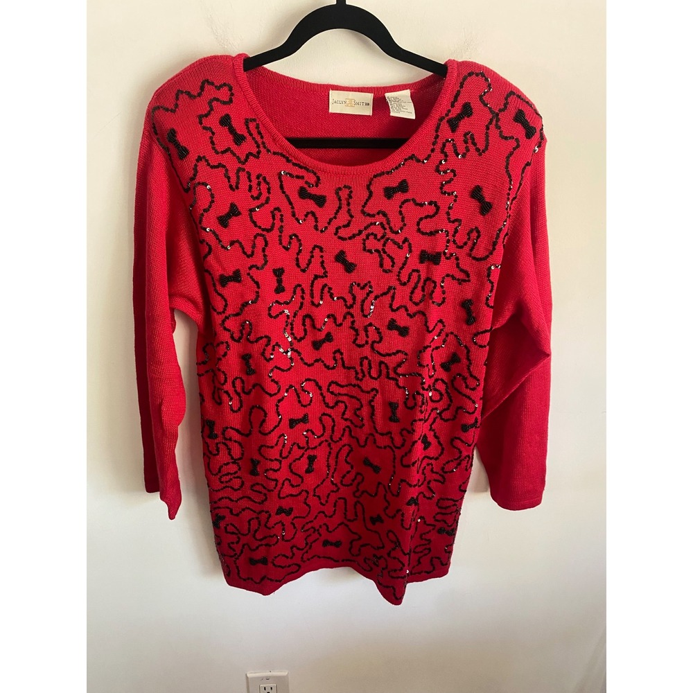 Jaclyn Smith Red Sequin Bow Knit Sweater Vintage 80s 90s‎ Medium Ramie Cotton